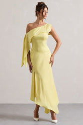 Lemon Satin Asymmetric Draped Split Maxi Dress